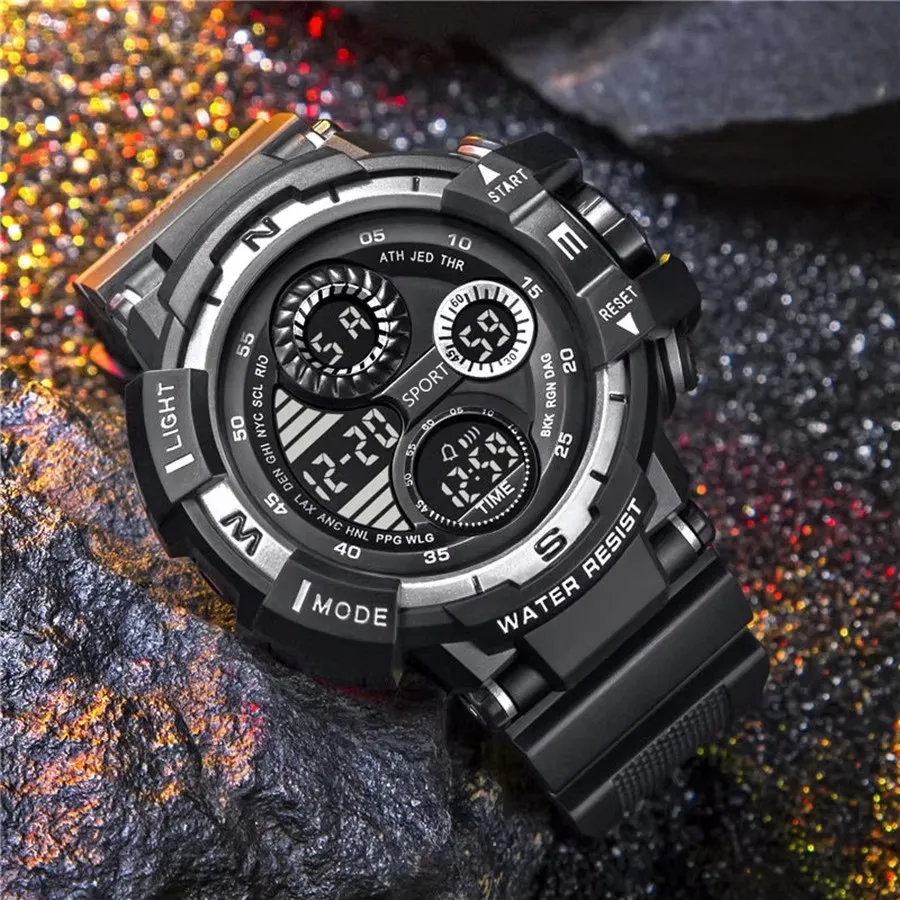 ساعة رقمية سوداء للرجال ساعات رياضية مقاومة للماء كرونوغراف خارجي ساعة يد G Infantry Shock Student