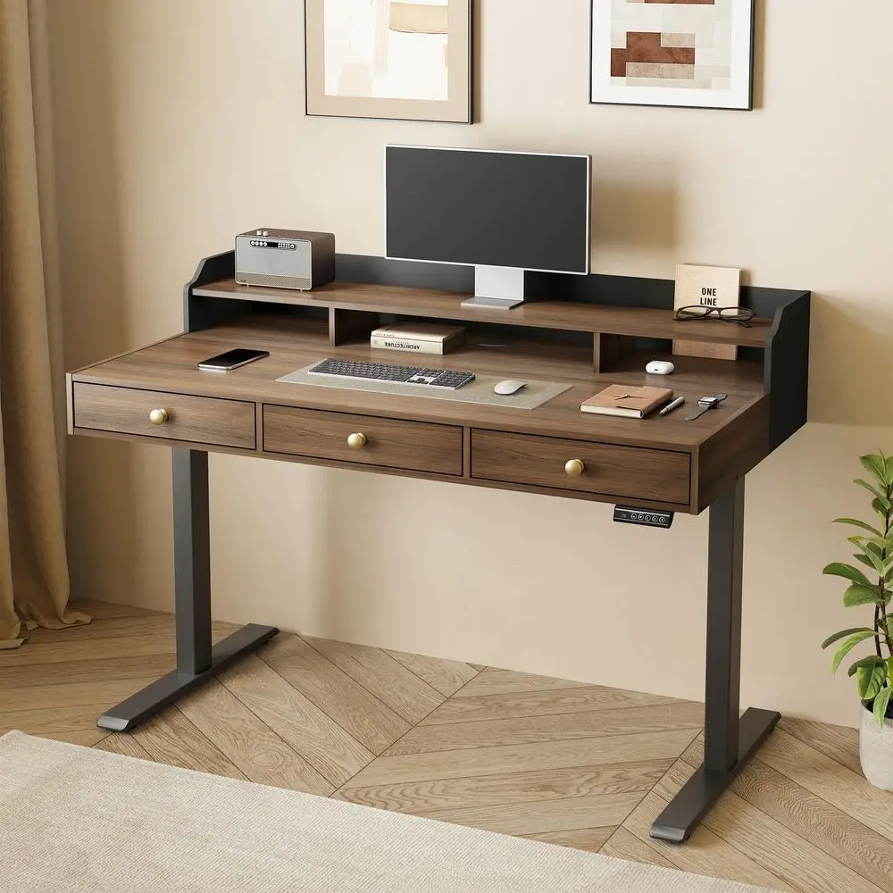 

Standing Desk with 3 Drawers, 47.2 x 26 Inches Height Adjustable Desk with Monitor Shelf, Electric Stand Up Table with Storage