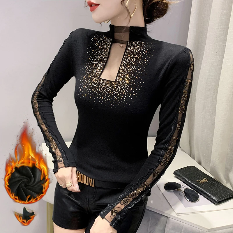 MadBlack, European Thicken Fleece T-Shirt, Sexy Women Turtleneck Diamond Top, Long Sleeve Slim Fashion Tee, Fall Winter T40026CC