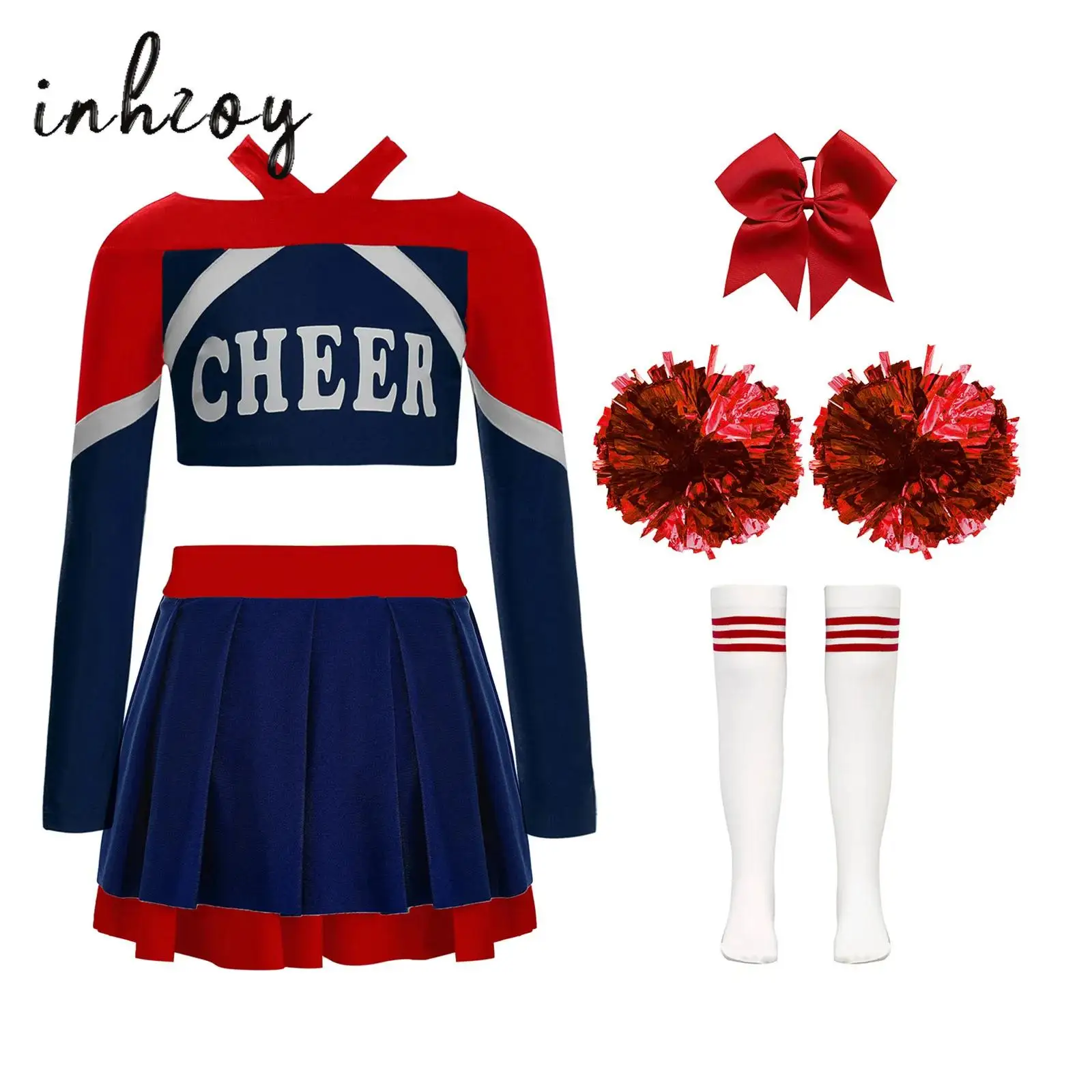 

Girls Cheerleading Uniform Outfit Long Sleeve Letter Print Color Block Crop Top+Pleated Skirt+Headwear+Flower Balls+Socks 5Pcs