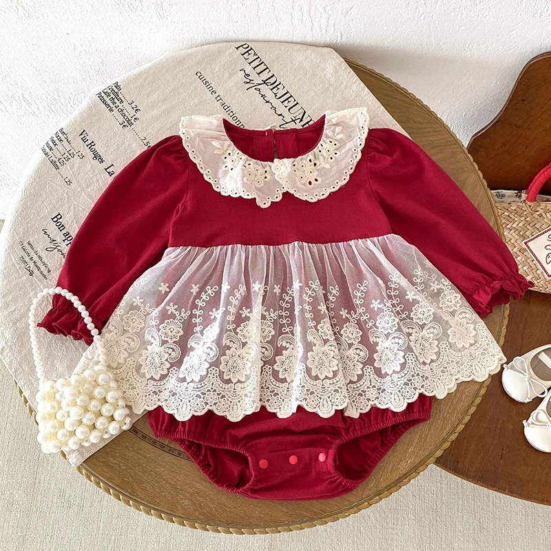 

2025 New Autumn 0-24M Baby Clothing Christmas Toddler Baby Girls Romper Long Sleeved Cotton Splicing Korean Style Climbing Suit