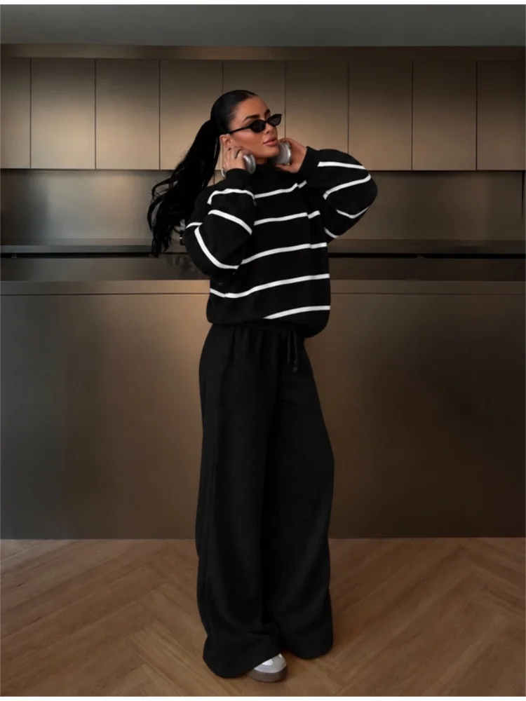 Black White Striped Knit Pant 2 Piece Set Long Sleeve Drawstring Loose Wide Pants Suit Fall Winter Casual Street Lady Outfit