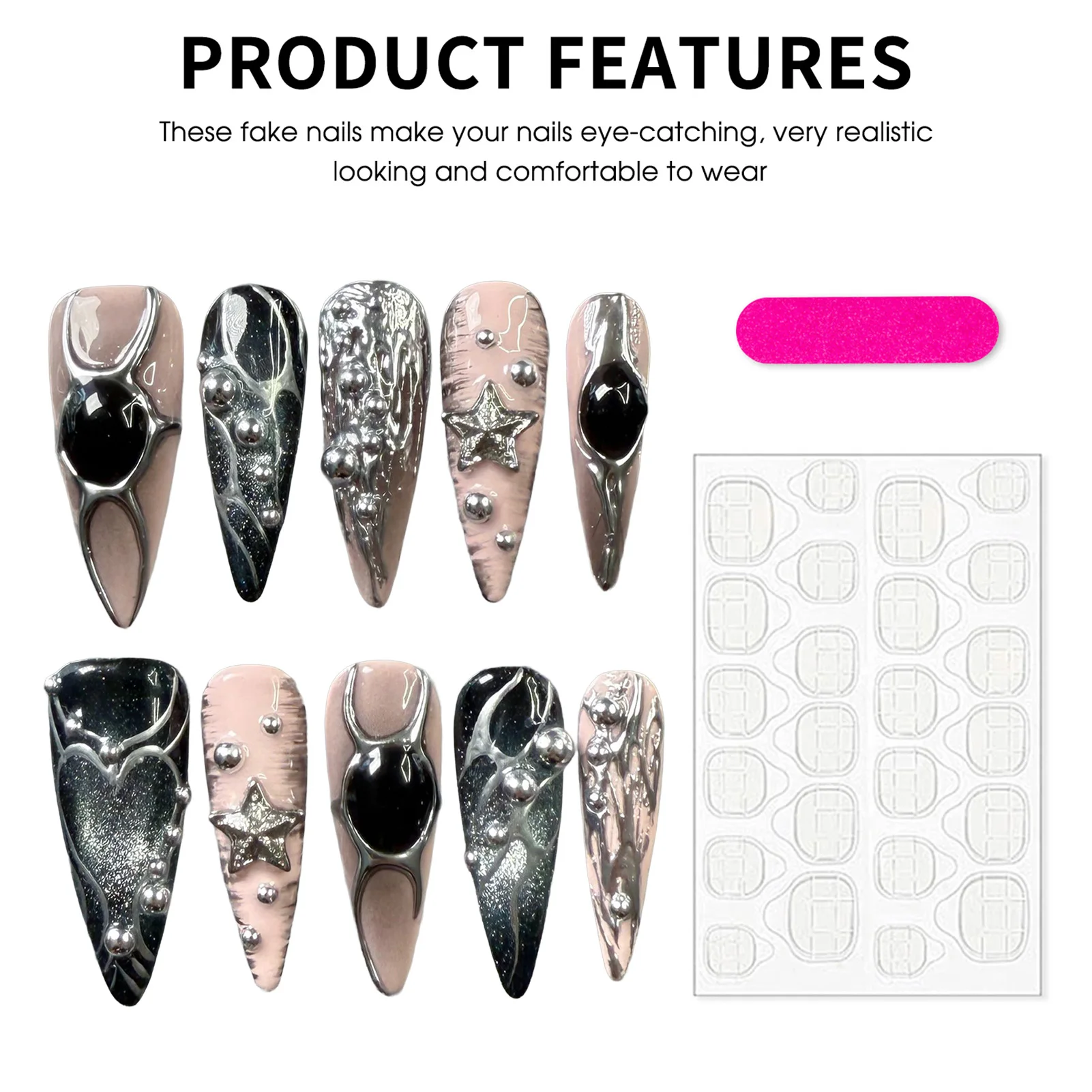 

Длинные заостренные накладные ногти с металлическим тиснением и эффектом кошачьего глаза для вечеринок и повседневной носки