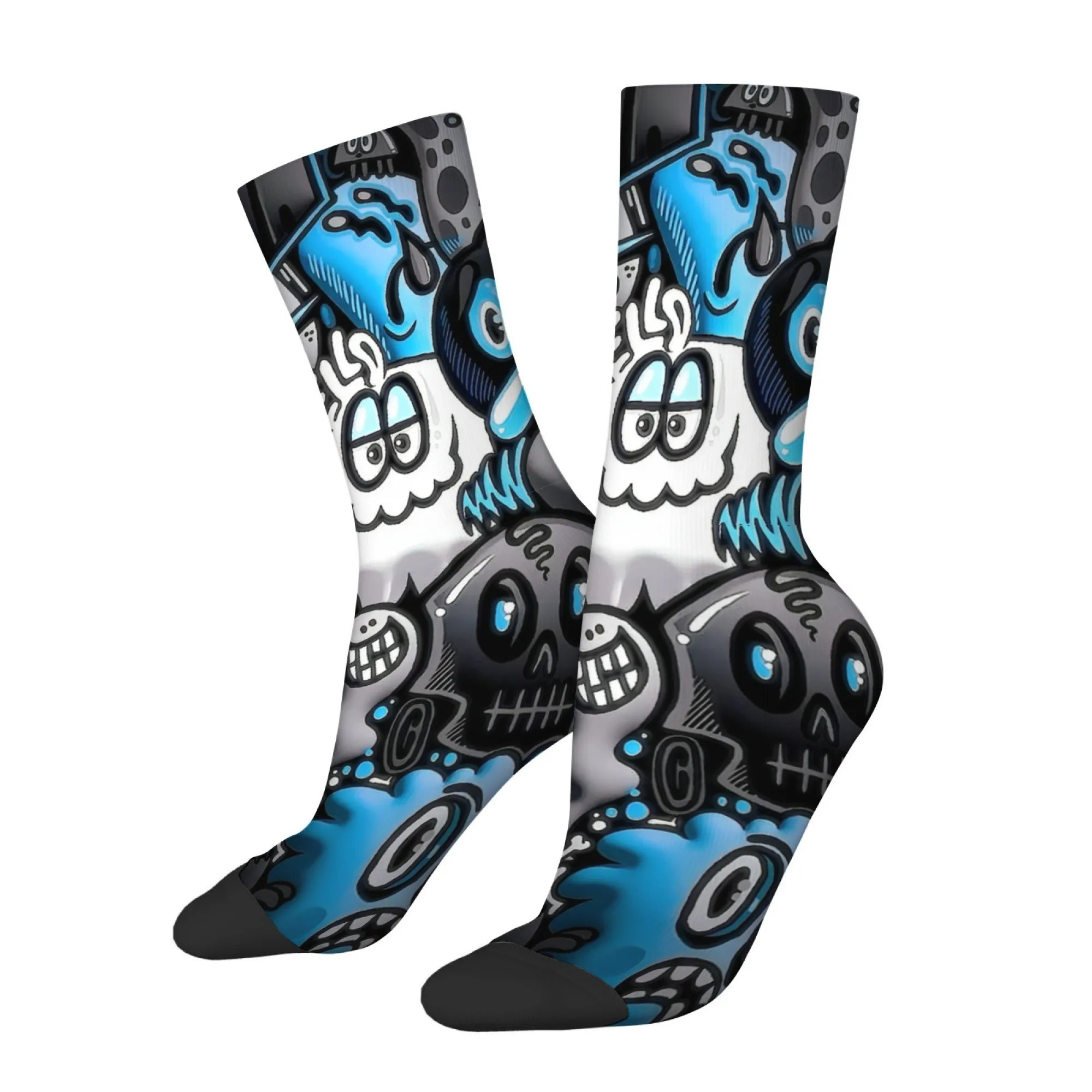 Blue and Gray Graffiti Monster Socks Hello Letter Print Men's Socks  Unique Fashionable Street Style Comfortable Warm Socks