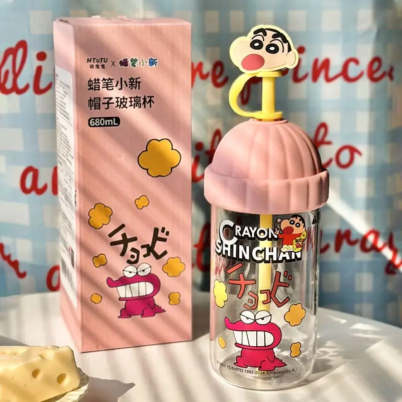 Crayon Shin-chan Niedlicher Cartoon-Glasbecher mit Strohhalm, Große Kapazität, Hitzebeständig, Ästhetischer Desktop-Wasserbecher