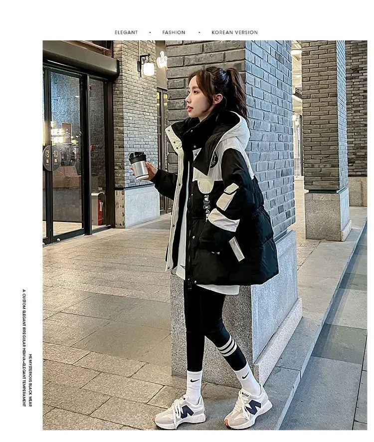 Black Medium Long Parker Cotton Jacket Women's Winter 2026 New Korean Version Loose Down Cotton Splicing Hooded Coat Warm Top