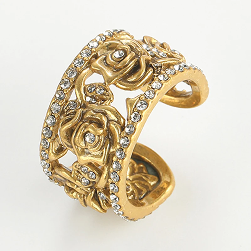 Vintage Antik-Goldfarbene Offene Kamelienringe Rosenblüten-Design für Damen Hohl mit Strass Party Hochzeit Retro Accessoires 2026