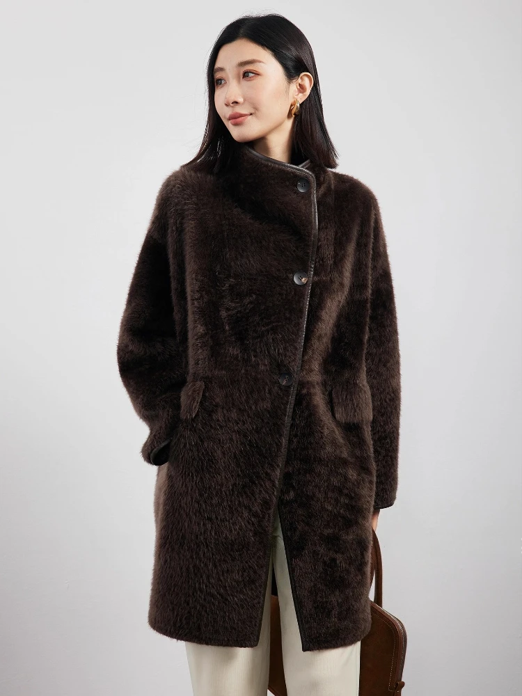 

High-end Luxury Merino Sheep Fur Winter Shearling Jackets for Women Simple Stand Collar Mid-length Genuine Leather Real Fur Coat