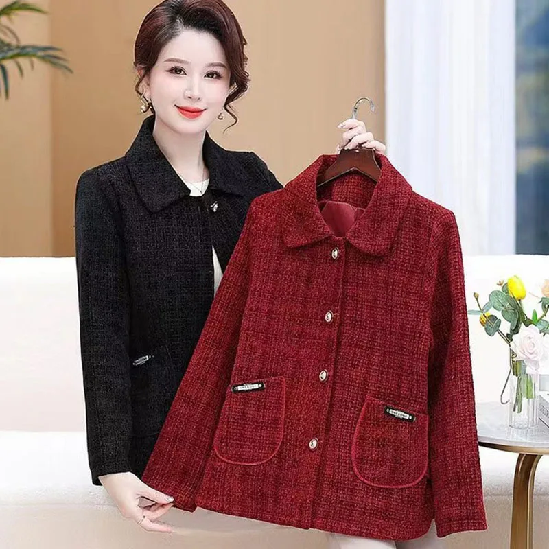 

New Women's Clothing Mom Tweed Outerwear Spring Autumn Red Suit Jackets Button Casual Blazer Office Professional Overcoat Female