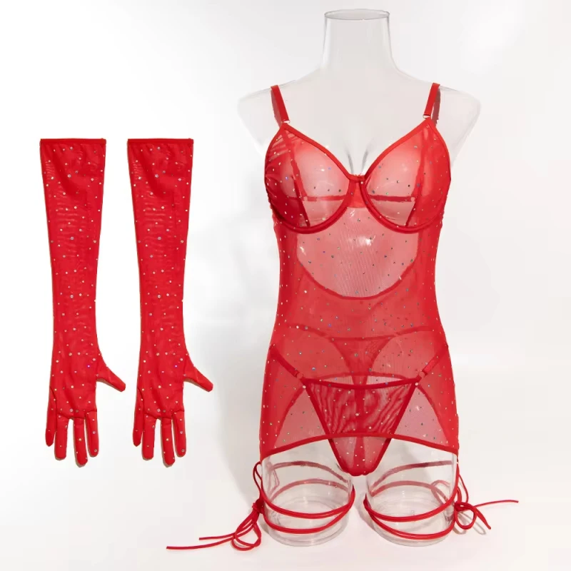 

Bikini with sheer mesh, underwire, push-up effect, leg straps, gloves, and dress set