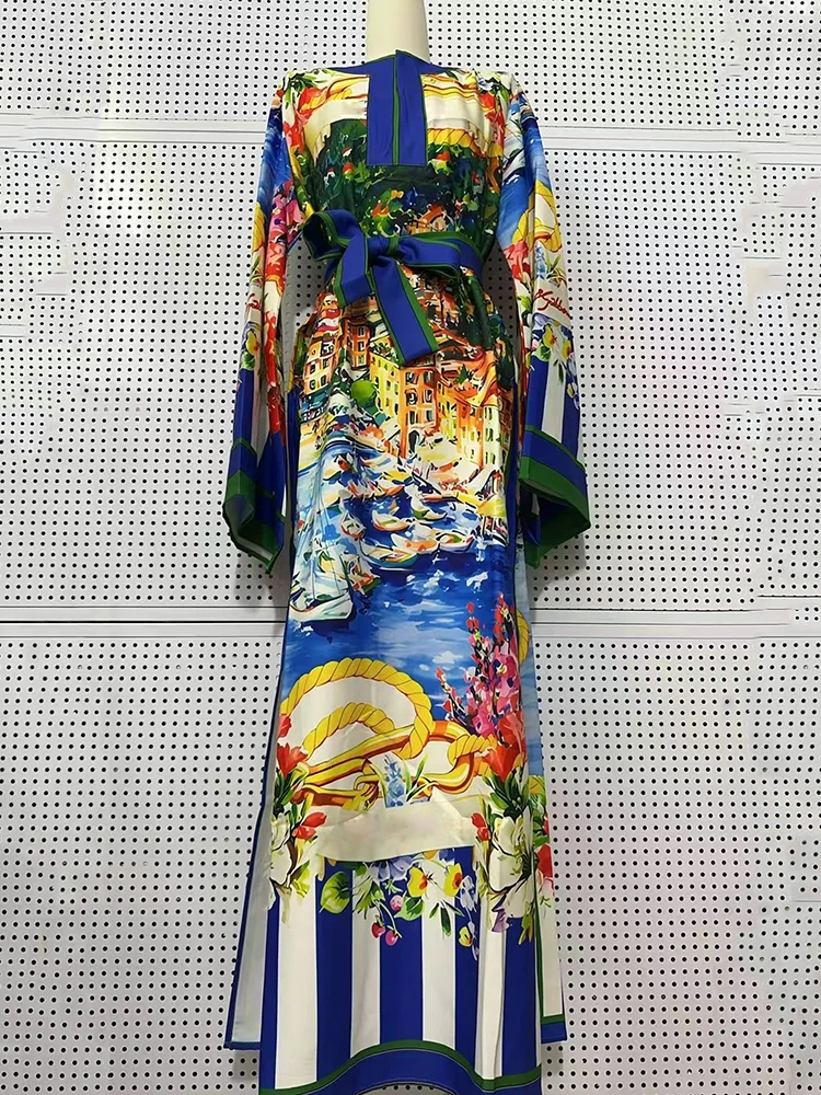2026 Spring Women's Clothing Retro Geometric Positioned Print Lace-Up Half-Open Collar Pullover Dress Fashion Loose Slit Skirt