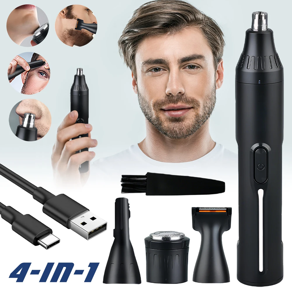 Portable 4 In 1 Men Facial Grooming Kit, USB Rechargeable Electric Nose Hair Trimmer Beard Sideburn Eyebrow Trimming Shaver