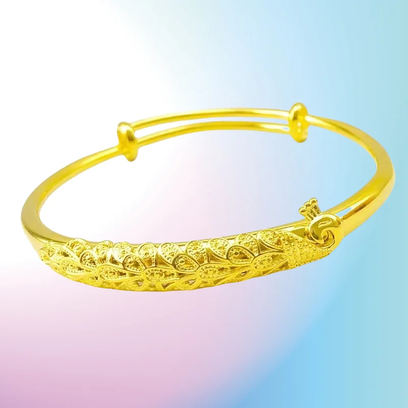 

new 9999 Real Gold 24K Gold Women's Peacock Bracelet Bridal Wedding Peacock Push-pull Bracelet Dragon and Phoenix Bracelet