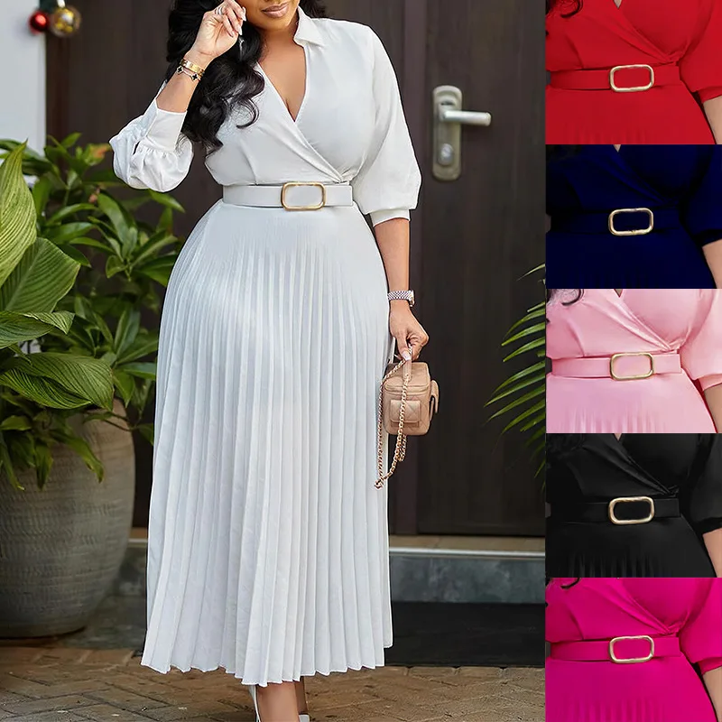 

Elegant Office Chiffon Women's Dress African Solid Color Plus Size Business Work Outfit with Belt Deep V Neck Pleated Long Dress