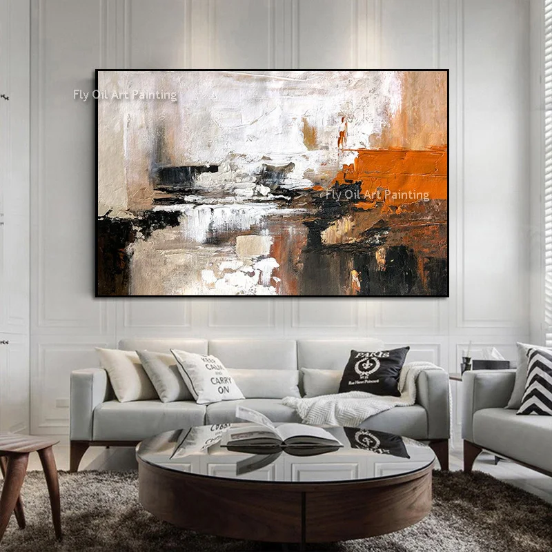 Original Hand Painted Retro Orange Brown Textured Artwork, Horizontal Thick Relief Canvas Decor, Neutral Modern Home Wall Art