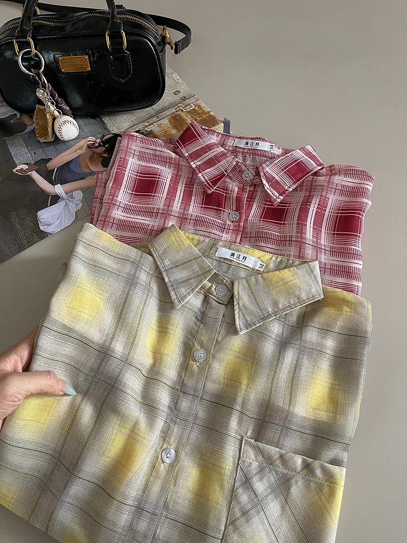 

Wedbleser Contrasting Plaid Mid Length Lapel Shirt 2025 Summer Korean Version Women Personality Loose Protection Cardigan Trend