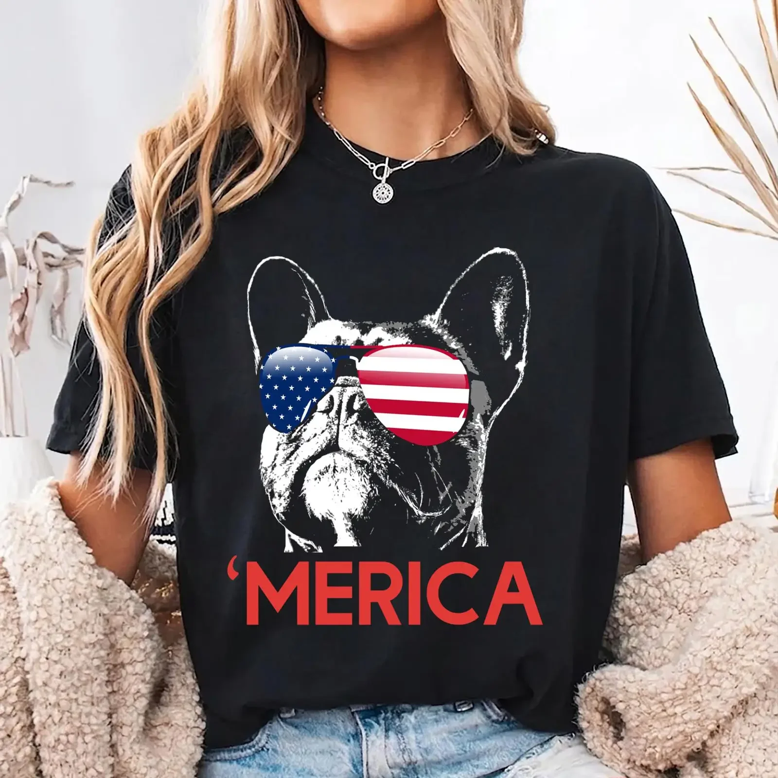 'Merica French Bulldog American Flag T Shirt 4th of July Retro USA Frenchie Dog Lover Patriotic  vintage Washed Casual Stylish