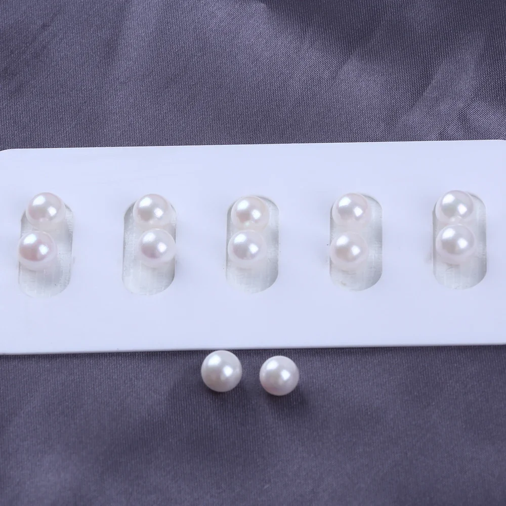 7-8mm White Round Loose Freshwater Pearls With Half Hole In Pair For Jewelry Making