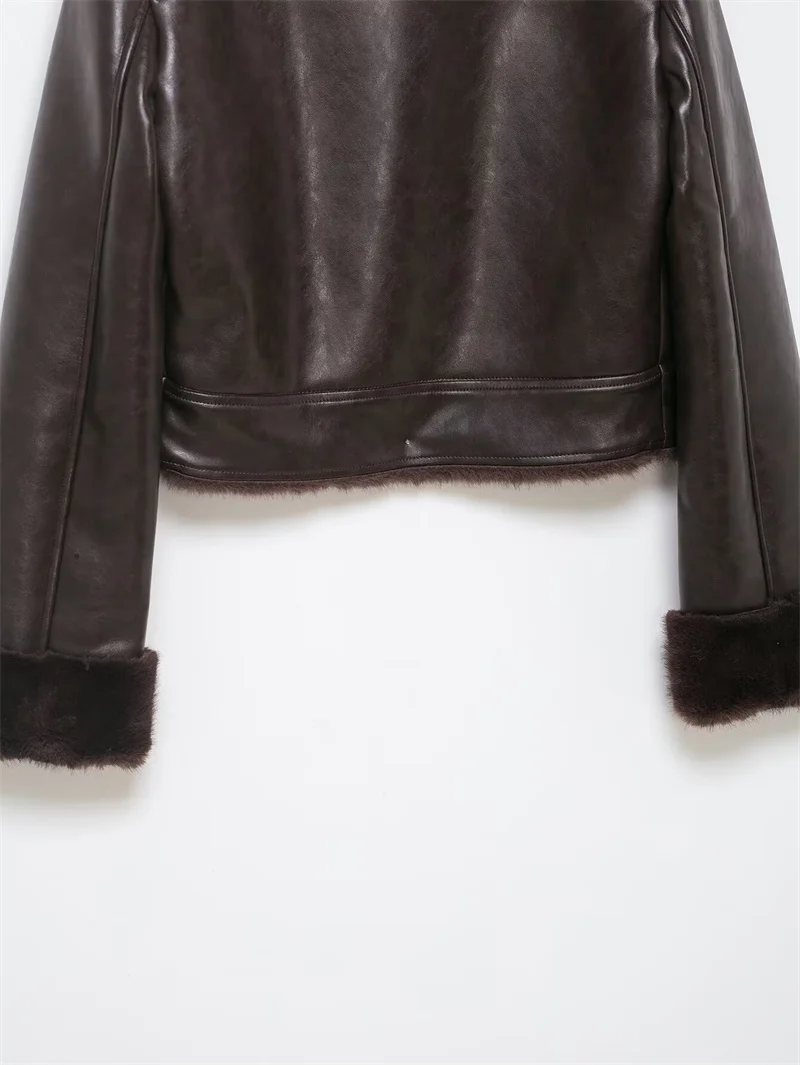 Giacca da donna in ecopelle, nuova giacca casual in pelle a maniche lunghe dritta con colletto alla coreana in peluche Moda casual autunno e inverno