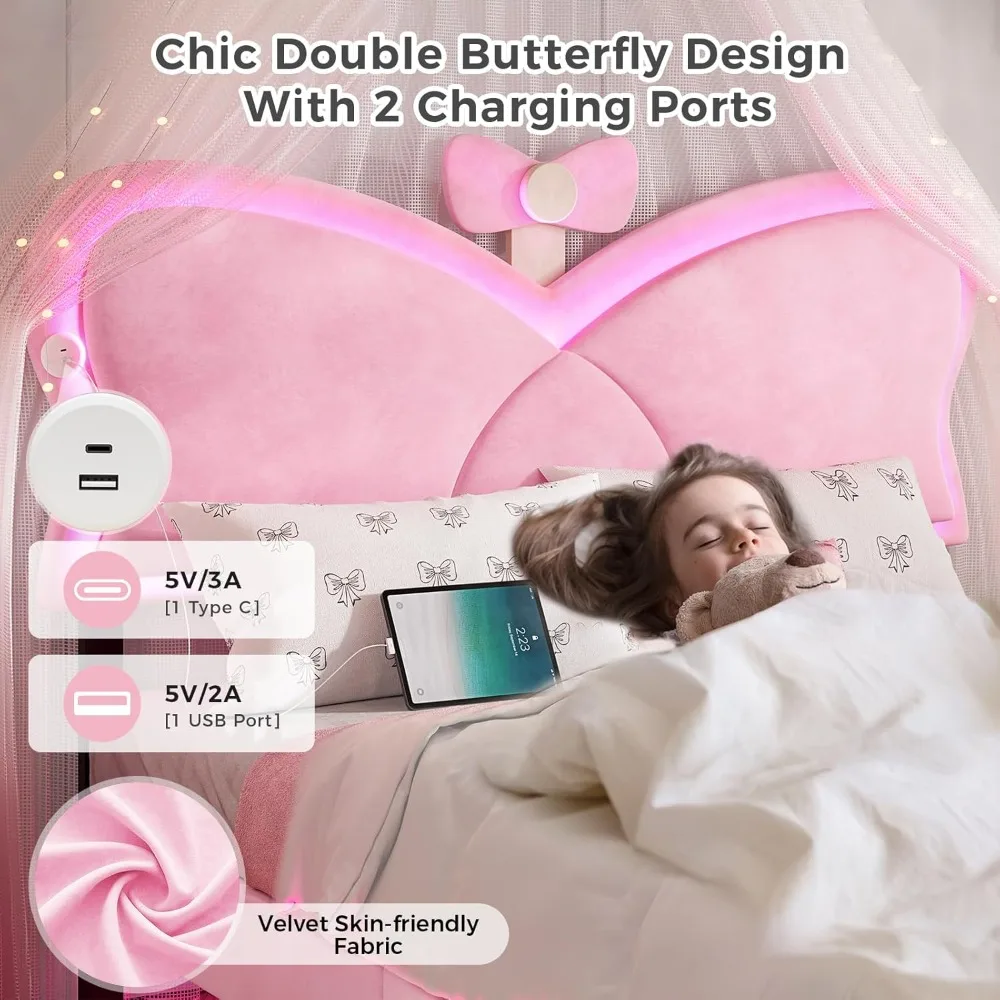 إطار سرير LED كامل الحجم مع درج تخزين ومحطة شحن، سرير منجد بربطة عنق مع لوح رأسي أنيق قابل للتعديل، مخمل #5