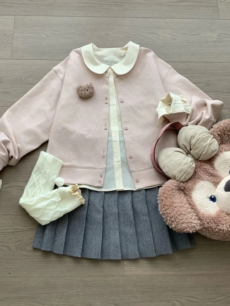 

Розовый свитшот Sweet Girl Feel round Ne, джатовый кукольный воротник, плиссированная юбка, осенний комплект футболок, женская мода