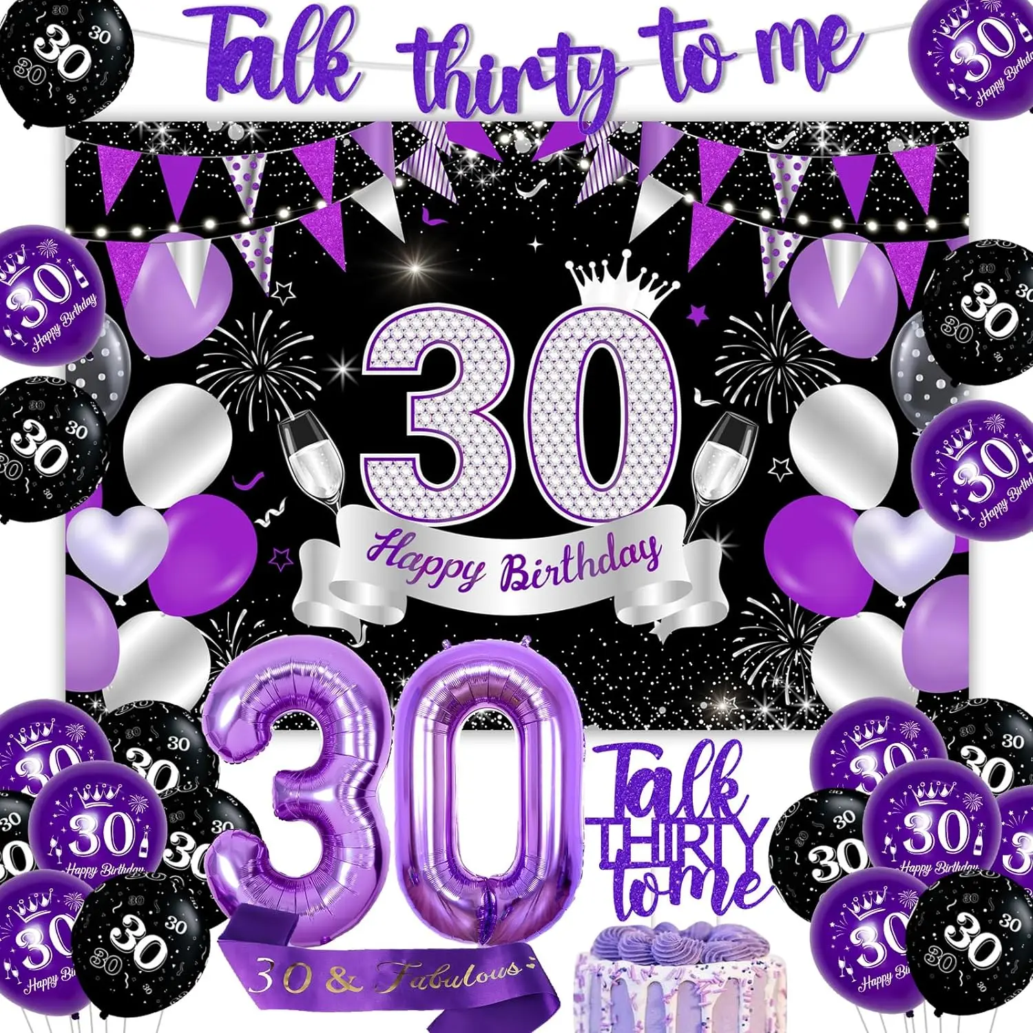 Talk To Me 30th Birthday Decor for Women Banner Cake Topper 30th Birthday Backdrop 30Fabulous Sash for Funny 30th Birthday