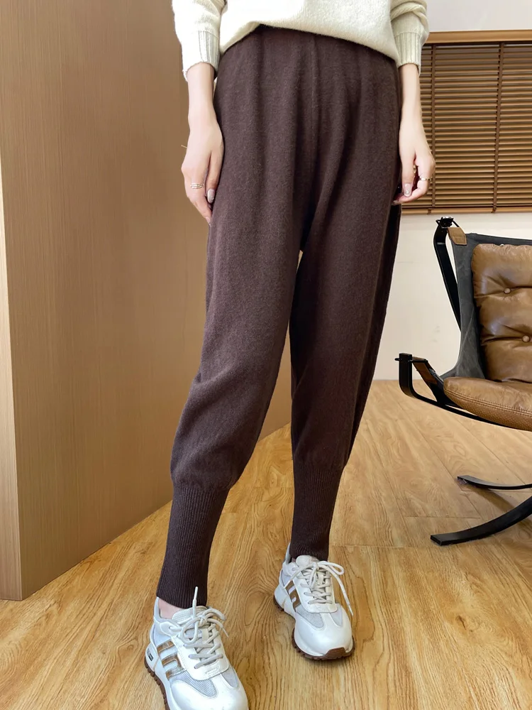 Women Fashion100% Pure Wool Pants Ladies Warm Knitted Soft Skinny Leisure Pants Versatile Horse Boot Trousers