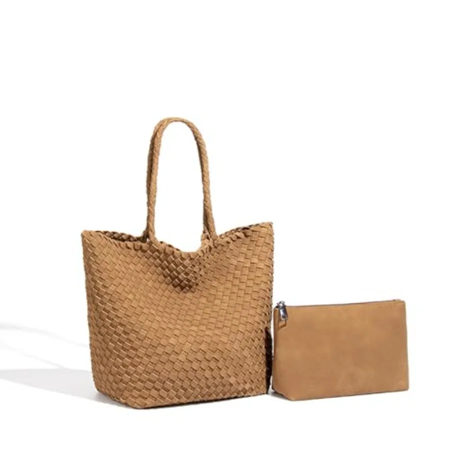 

Woven Suede Shoulder Bag Tote Set for Women Handwoven Suede Tote with Matching Pouch Casual Soft Woven Handbag
