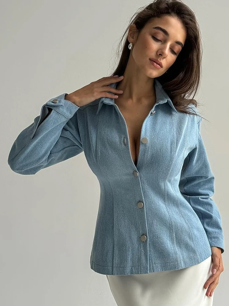 

Women Blue Denim Single Breasted Slim Jacket Fashion Long Sleeve Waist Cinched Lapel Short Coat Autumn New Commute Outerwear New