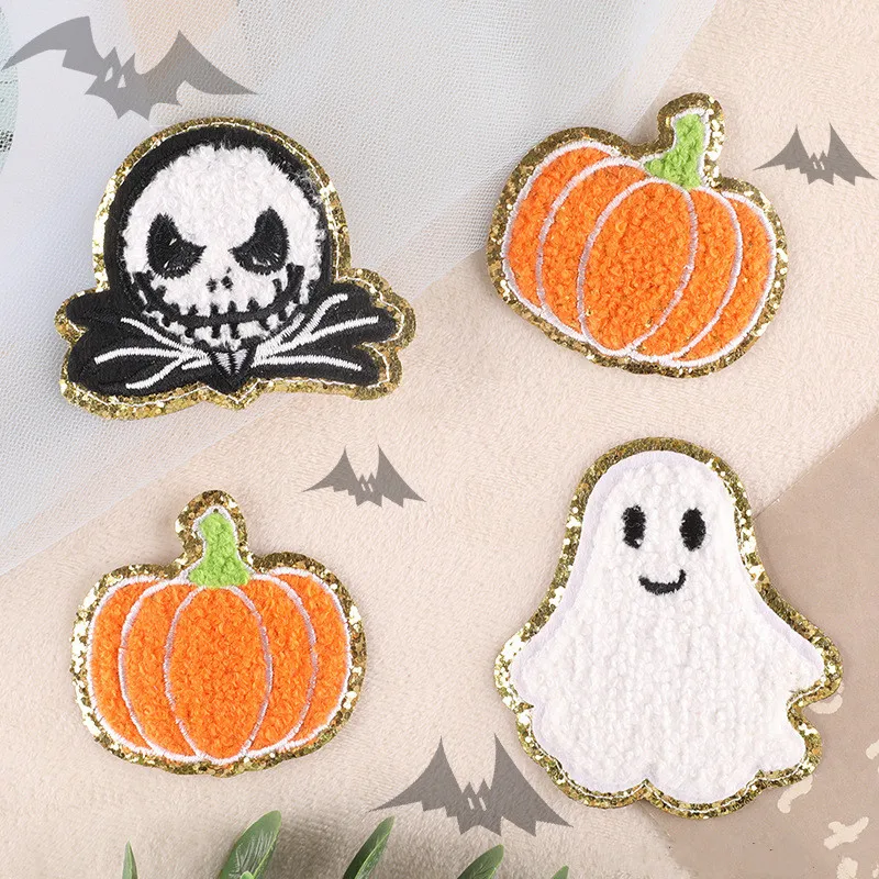 衣類用ハロウィンゴーストカボチャパッチ、刺繍されたアップリケ、かわいい布製バッジ、DIY衣類アクセサリー、鉄