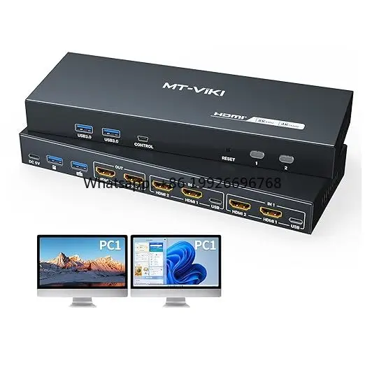 8K 60Hz HDMI KVM Switch 2 Monitors 2 Computers, 4K 144Hz Dual KVM Switch HDMI with 4 USB 3.0 Port
