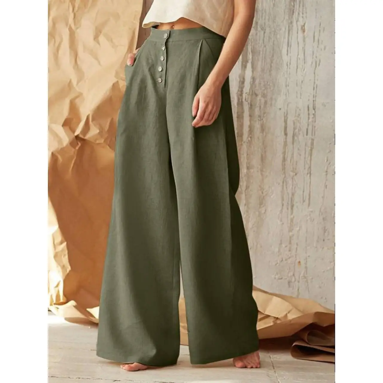 بنطلون نسائي واسع الساق من القطن والكتان، سروال فضفاض بخصر مرتفع وتصميم غير متماثل، مريح ومناسب للارتداء اليومي