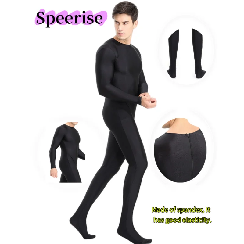 

Speerise Mens Full Body Spandex Zentai Suit Black Long Sleeve Unitard Adult Zipper Back Footed Cosplay Bodysuit Costumes