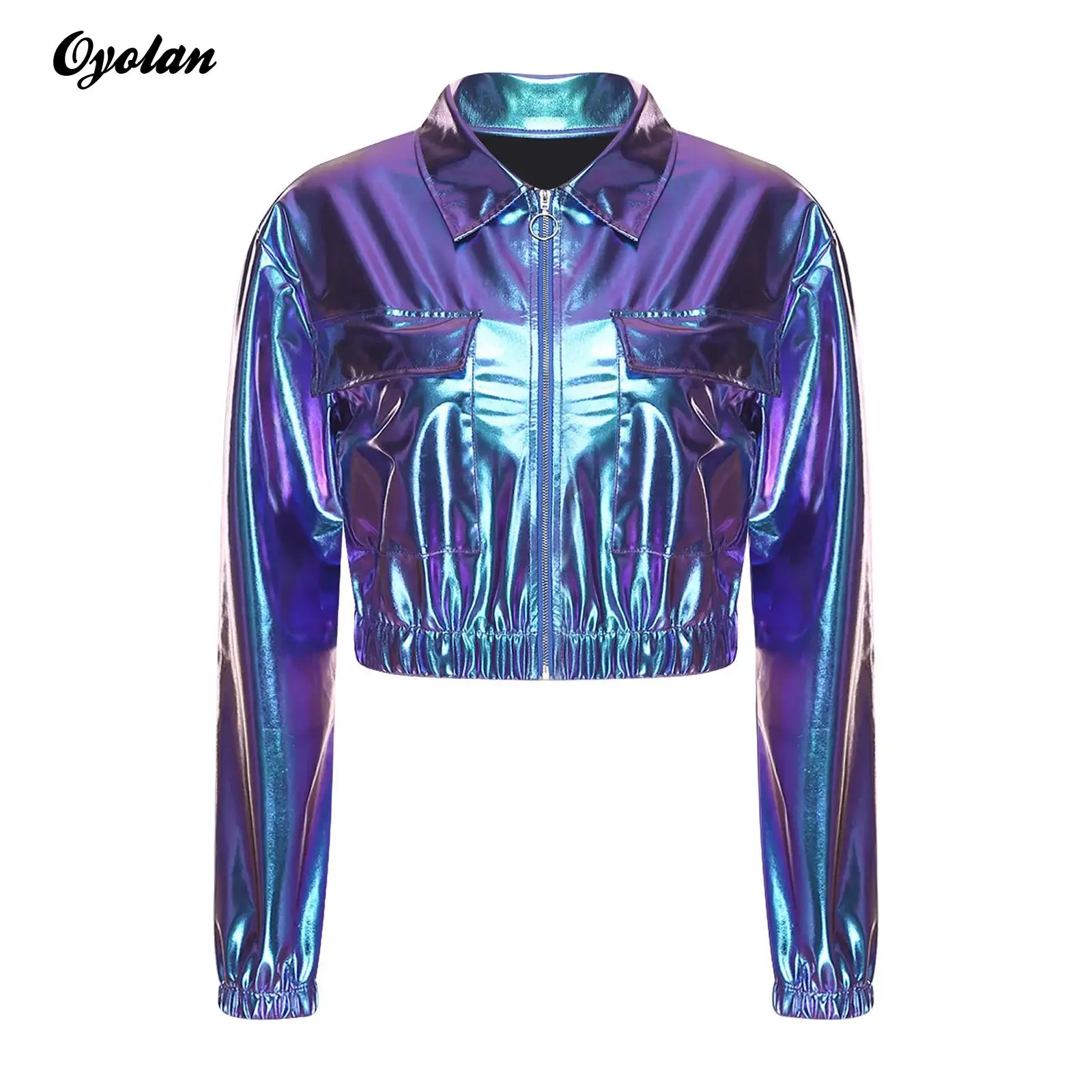 

Женская передняя молния с нагрудным клапаном и карманами, укороченная верхняя одежда, блестящая металлическая укороченная куртка с лацканами и длинными рукавами, байкерская моторная куртка, топы