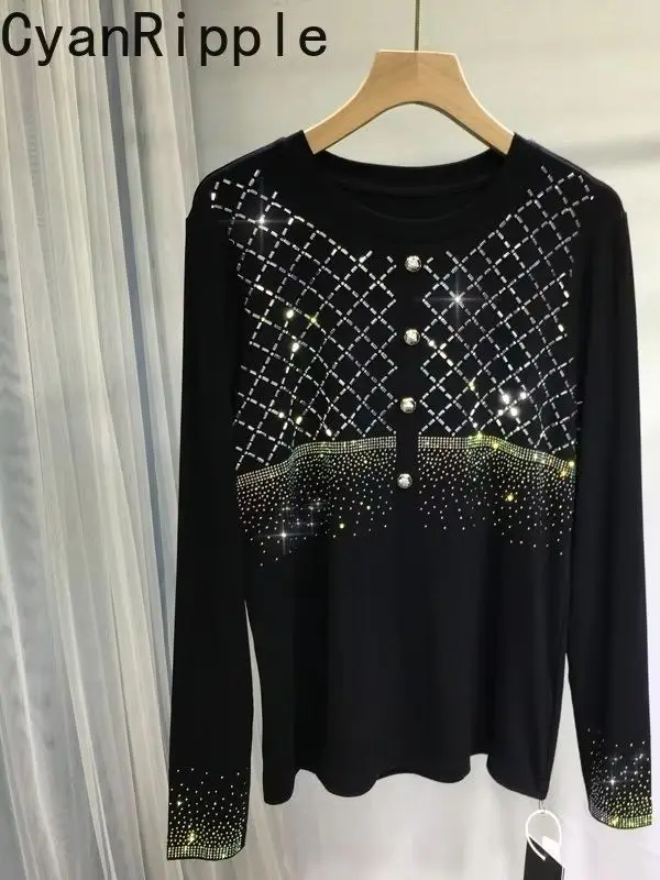 

Женские базовые рубашки большого размера с длинным рукавом, роскошный пуловер с круглым вырезом и бриллиантами, модная универсальная женская футболка на осень-зиму