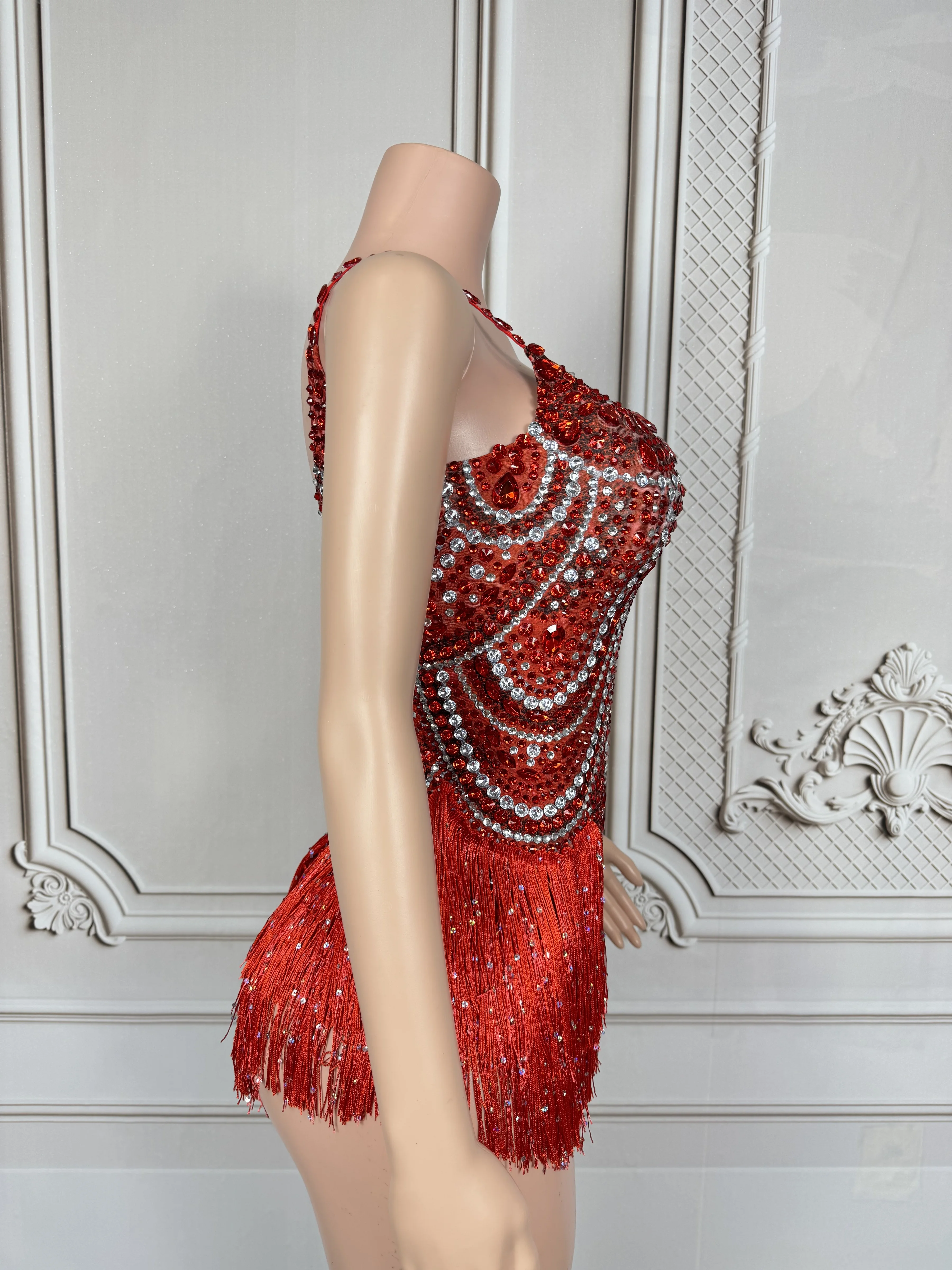 Sexy Sparkly Red Rhinestones Tassels Bodysuit Women Show Performance Dance Costume Nightclub Outfit Singer Dancer Stage Wear