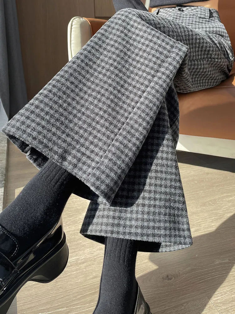 

Женские шерстяные брюки в клетку, свободные, прямого кроя, с высокой талией, в корейском стиле, для офиса, осенне-зимние, короткие, больших размеров
