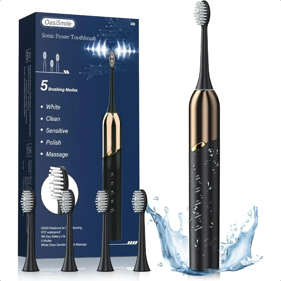 

Электрическая зубная щетка для взрослых, 5 режимов, звуковая зубная щетка с 4 насадками, 50000 В/мин, глубокая очистка, срок службы батареи 100 дней, IPX7, Waterp