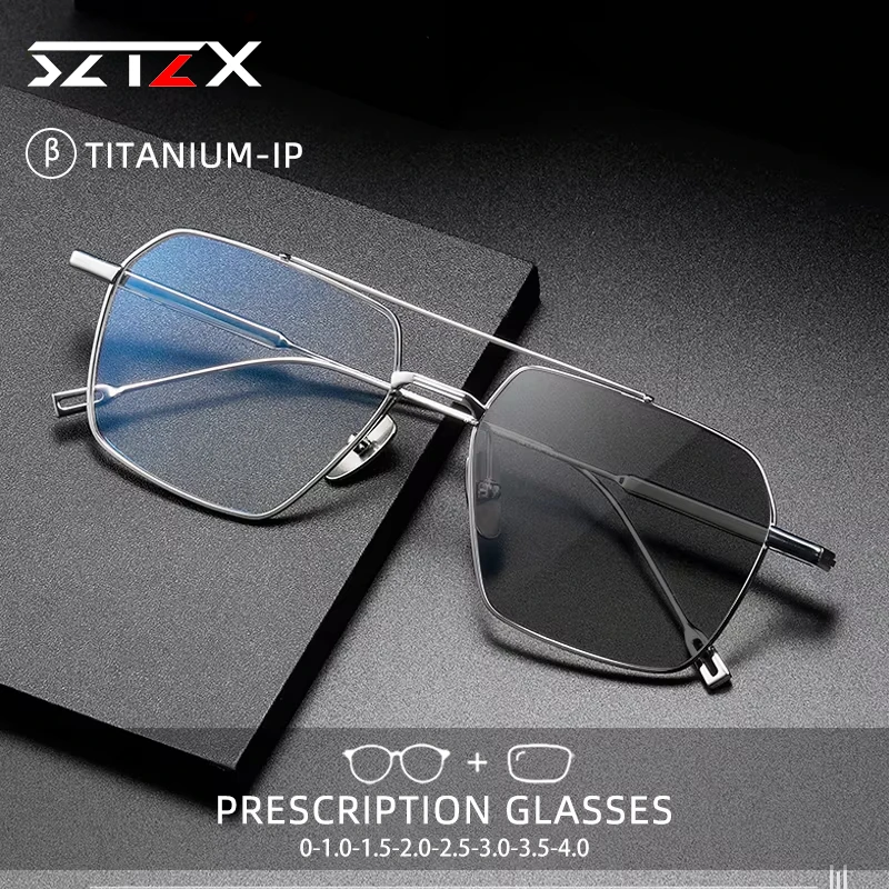 

SZTZX Fashion Square Pure Titanium Prescription Glasses Men Polygon Oversize Frame Photochromic Anti Blue Ray Reading Glasses