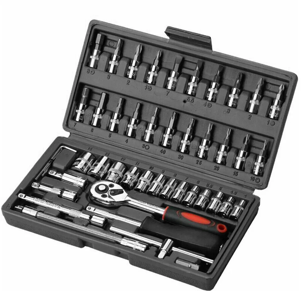 46PCS Car 1/4-Inch Ratchet Wrench Socket Set General Household Hand Kit Ratchet Torque Wrench Combo Auto Repair Tool