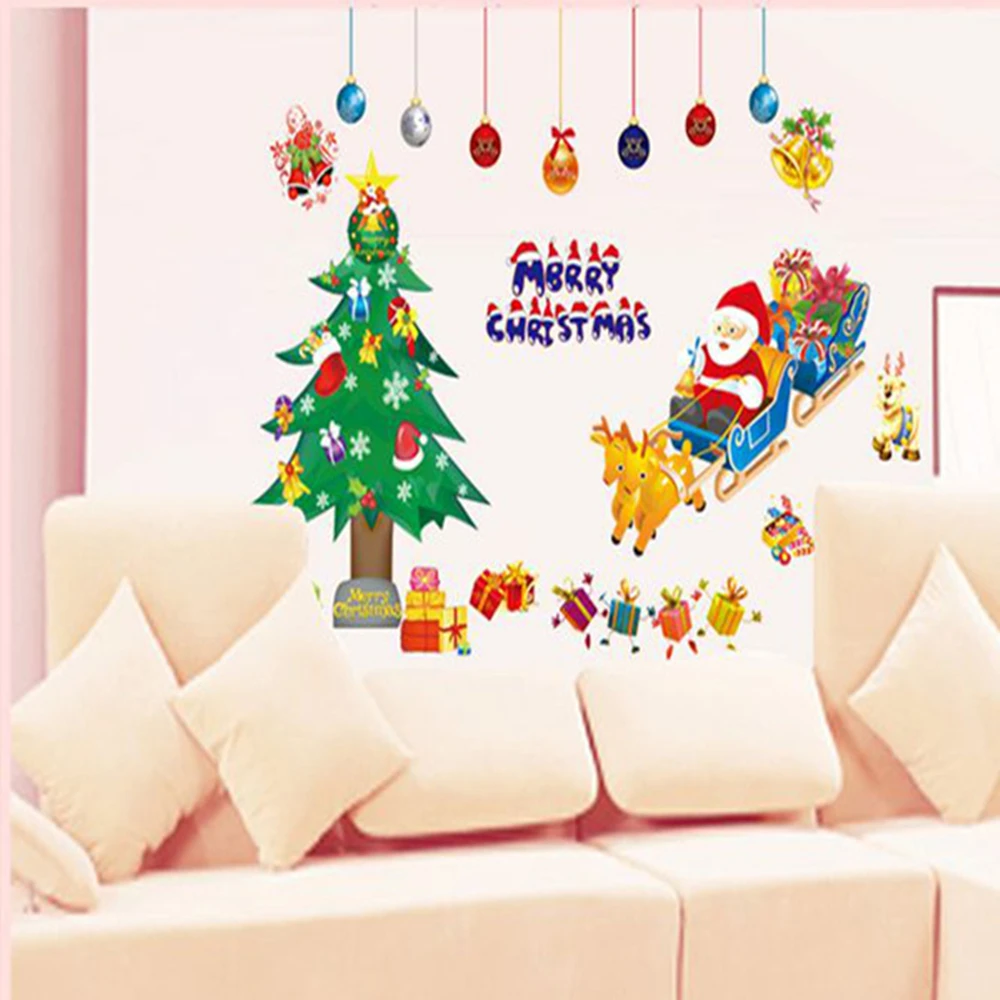 1Pc Merry Christmas Wall Stickers Santa Claus Sleigh Reindeer Xmas Tree Window Decals Removable Self Adhesive Home Shop Decor