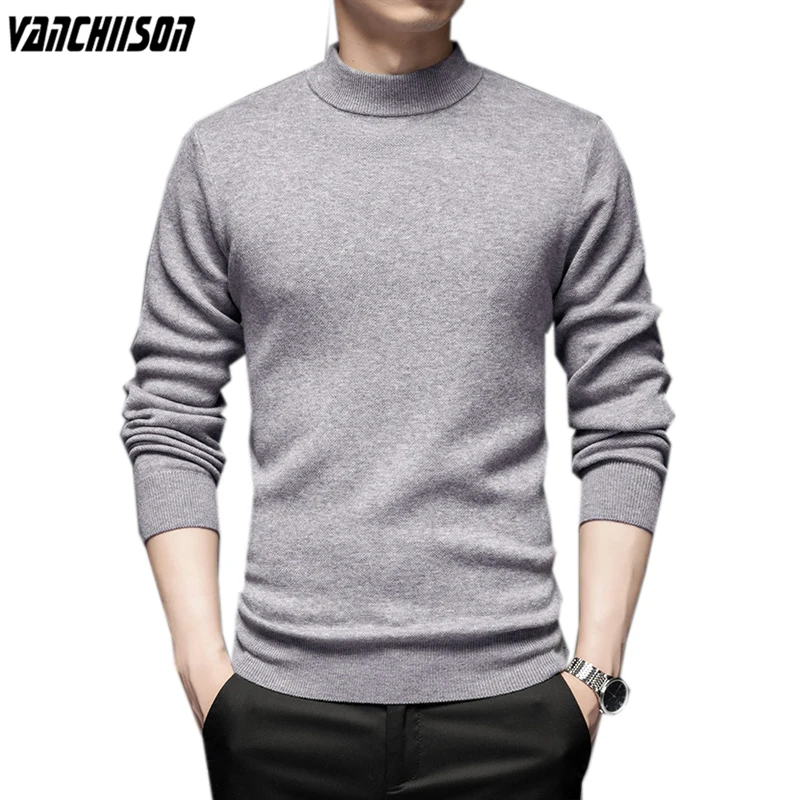 

Men 100% Wool Knit Tops Pullover Basic Thick for Autumn Winter Sweater Mock Neck Dad Father Fashion Present Clothing 01069