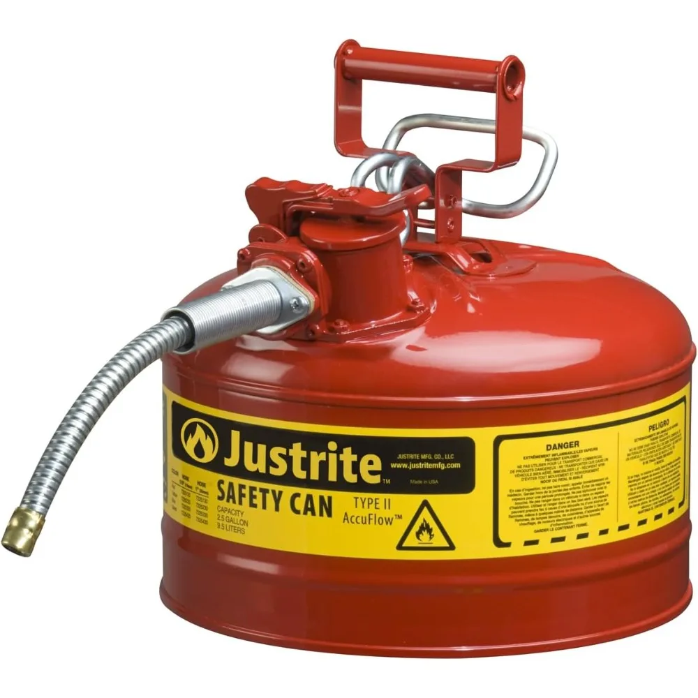 2.5 Gallon Type II Red Safety Gas Can for Gasoline with Flame Arrester, Self-Closing Lid, and 5/8