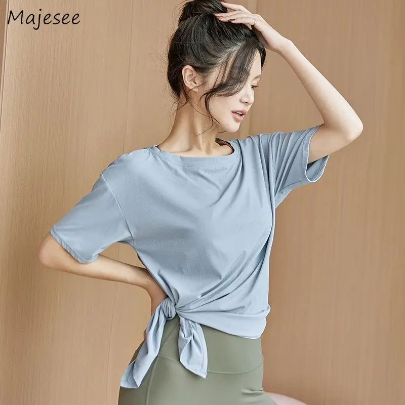 T-shirts Women Loose Lace-up Soft Quick-dry Breathable Summer Sporty Leisure Bodybuilding O-neck Pure Basic Jogging Tops Newly