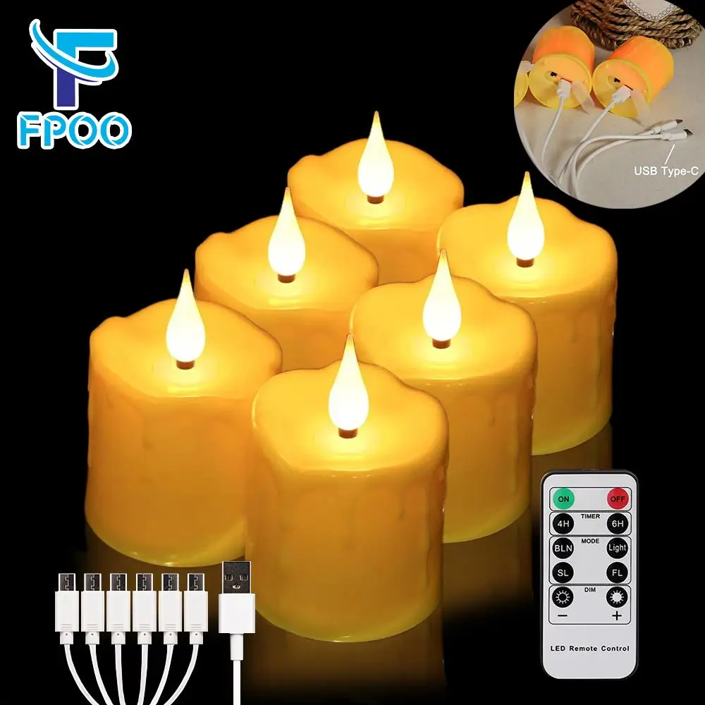 

FPOO Rechargeable Led Tea Candle With Batteries TypeC USB Charging Remote Decoration Flickering Waterproof Votive Candles Yellow