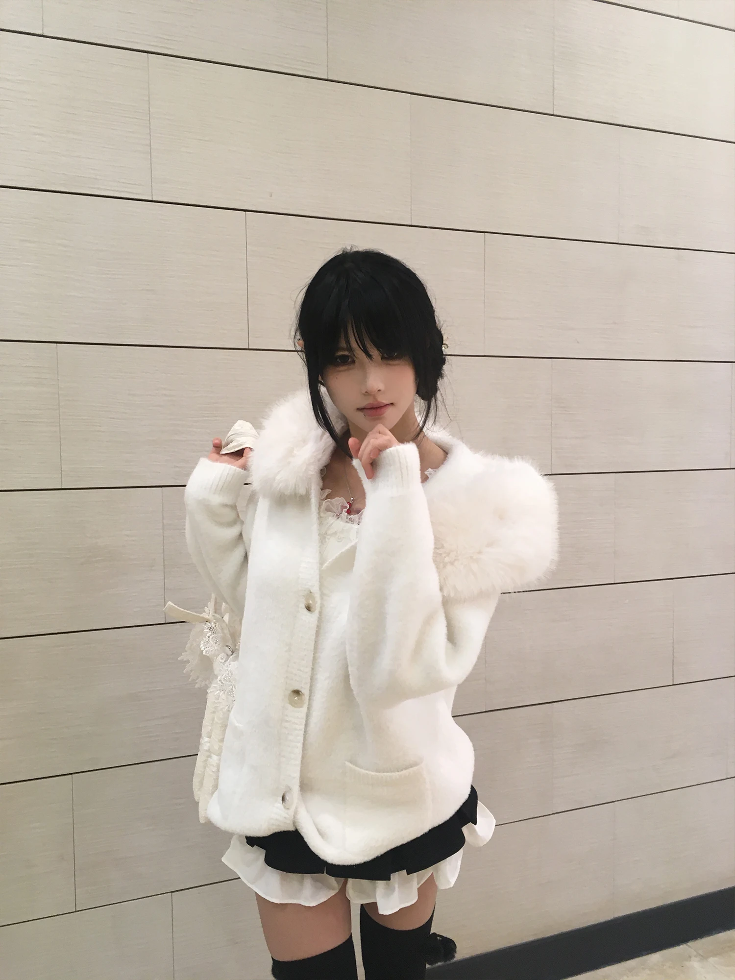 

Winter Thiened Long Sve Women's Knitted Sweater Coat with Fur Collar Casual Sle Warm Cardigan Top for Ladies