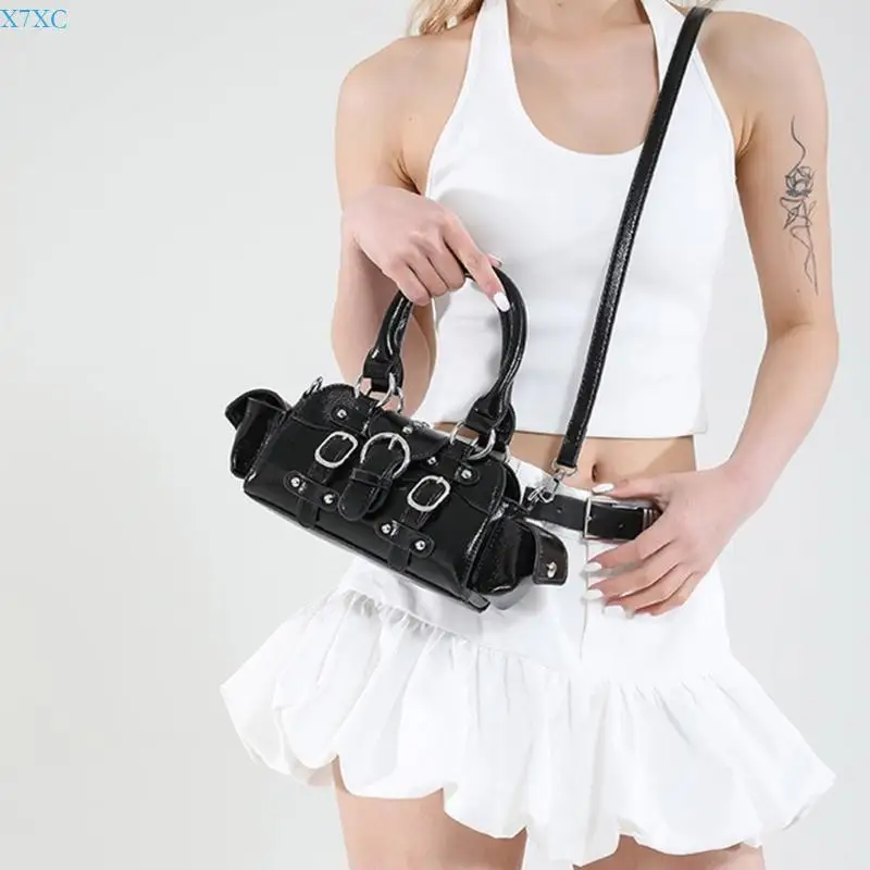 

X7XC Women Top Handle Bag PU Leather Crossbody Bag Punk Styles Shoulder Bag Simple Daily Handbag Purse for Everyday Work