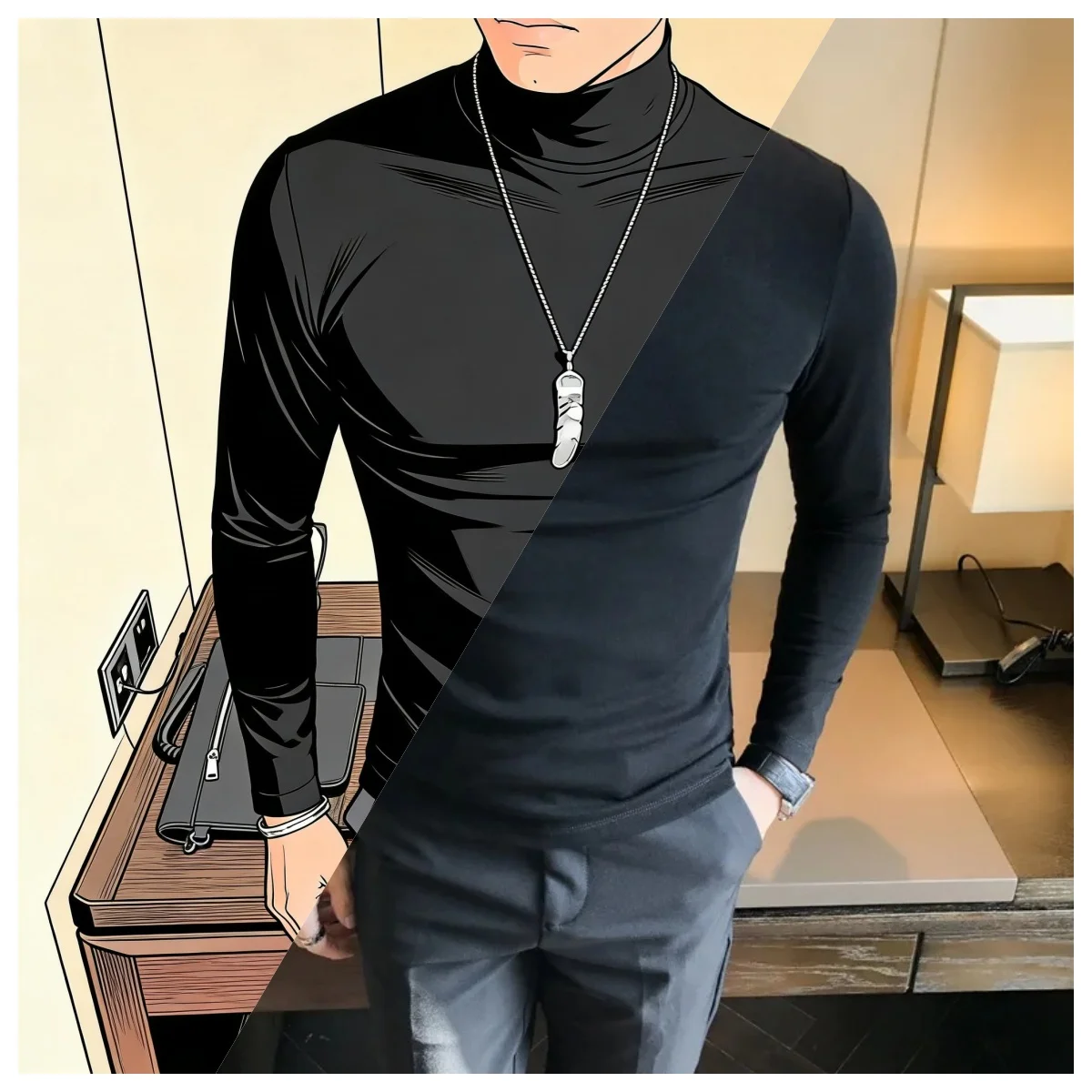 

Men's long sleeved high neck T-shirt solid color autumn winter casual men's style high-quality top classic clothing men T-shirt