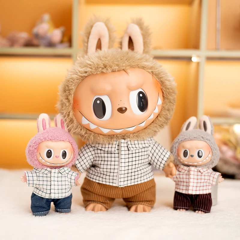 

38cm Plush Doll's Clothes Outfit Accessories For Labubu Doll Hat Plaid Shirt Vertical Stripe Shorts Clothing Gift