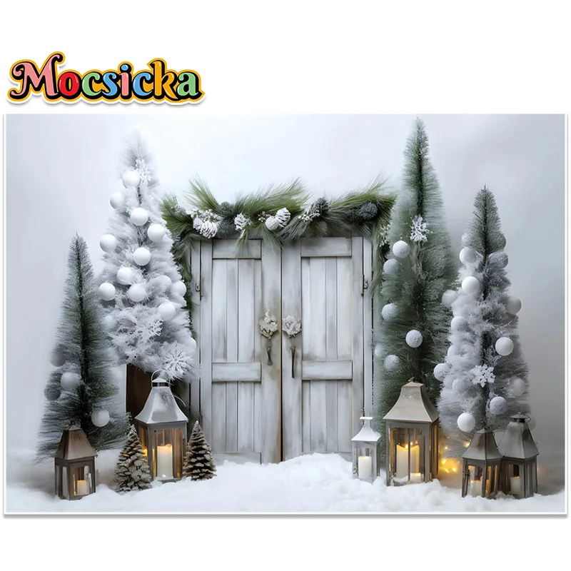 Mocsicka Christmas Photography Backdrops Professional Portrait Photo Studio Props Snow Xmas Tree White Wooden Door Decor Banner